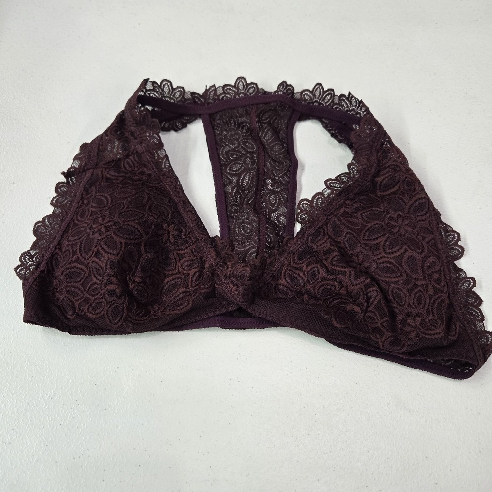 Aerie Women Bra L/G Dark Purple Floral Bralette Wireless Lace Strap